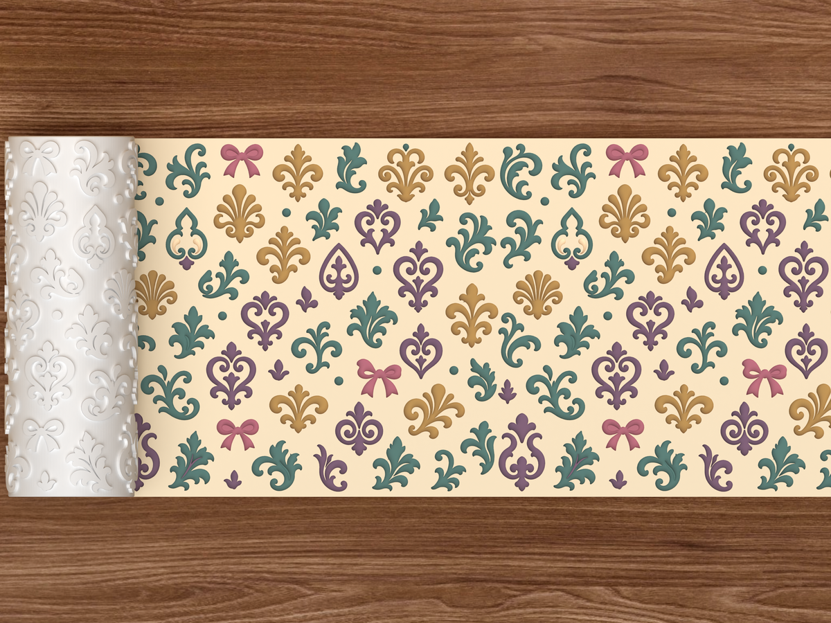 Damask Fleur De Lis Textured Roller STL File - 02 wide shot deboss colored