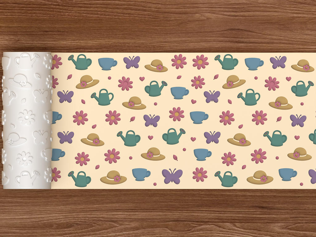 Spring Garden Tea Party Textured Roller STL File - 02 wide shot deboss colored