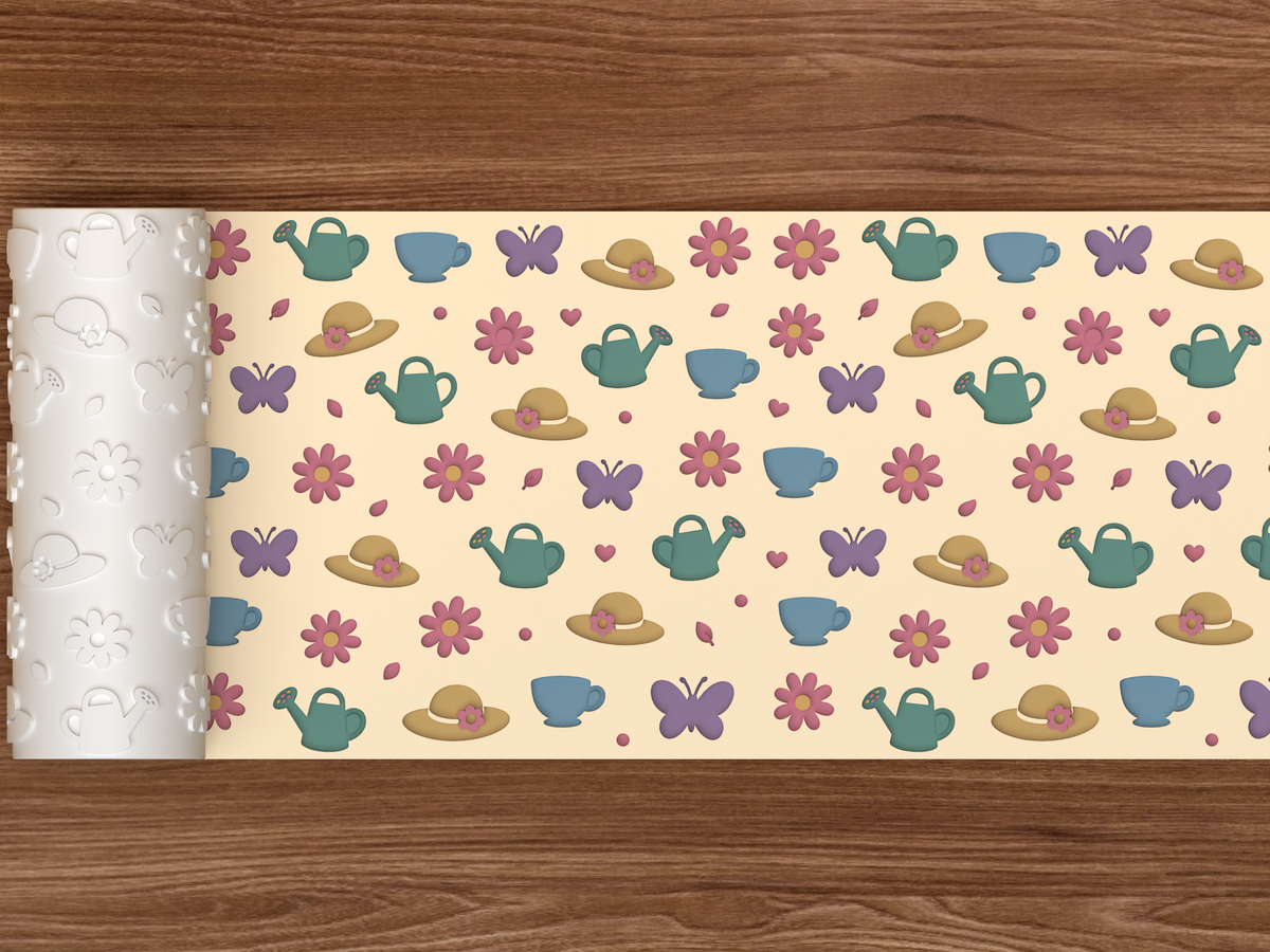 Spring Garden Tea Party Textured Roller STL File - 02 wide shot deboss colored