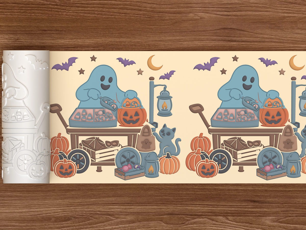 Trick Or Treat Supply Cart Textured Roller STL File - 02 wide shot deboss colored