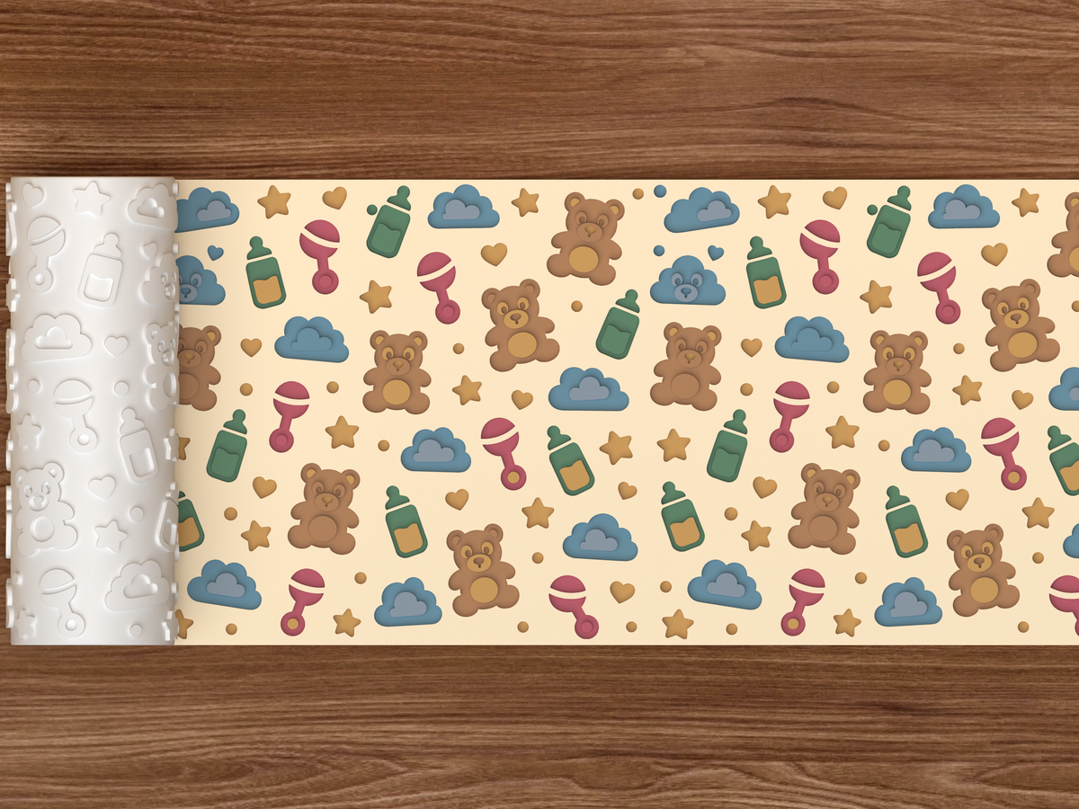 Baby Shower Teddy Bear Textured Roller - 02 wide shot deboss colored