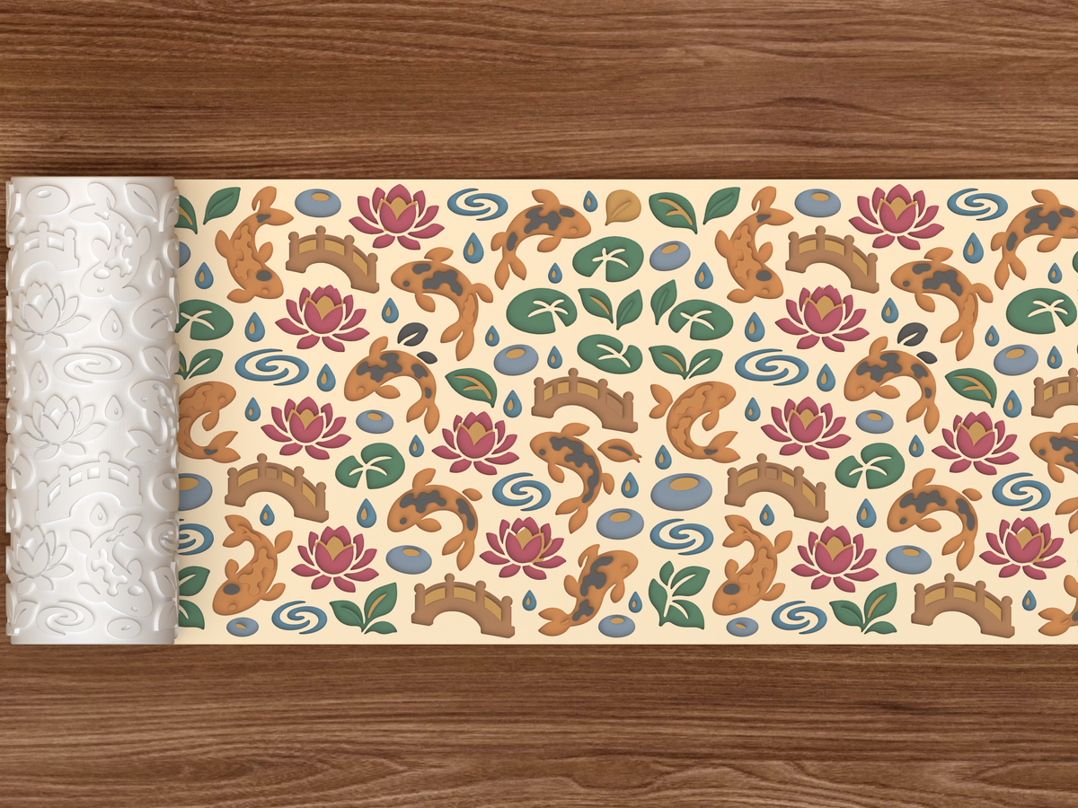 Koi Lotus Pond Textured Roller STL File - 02 wide shot deboss colored