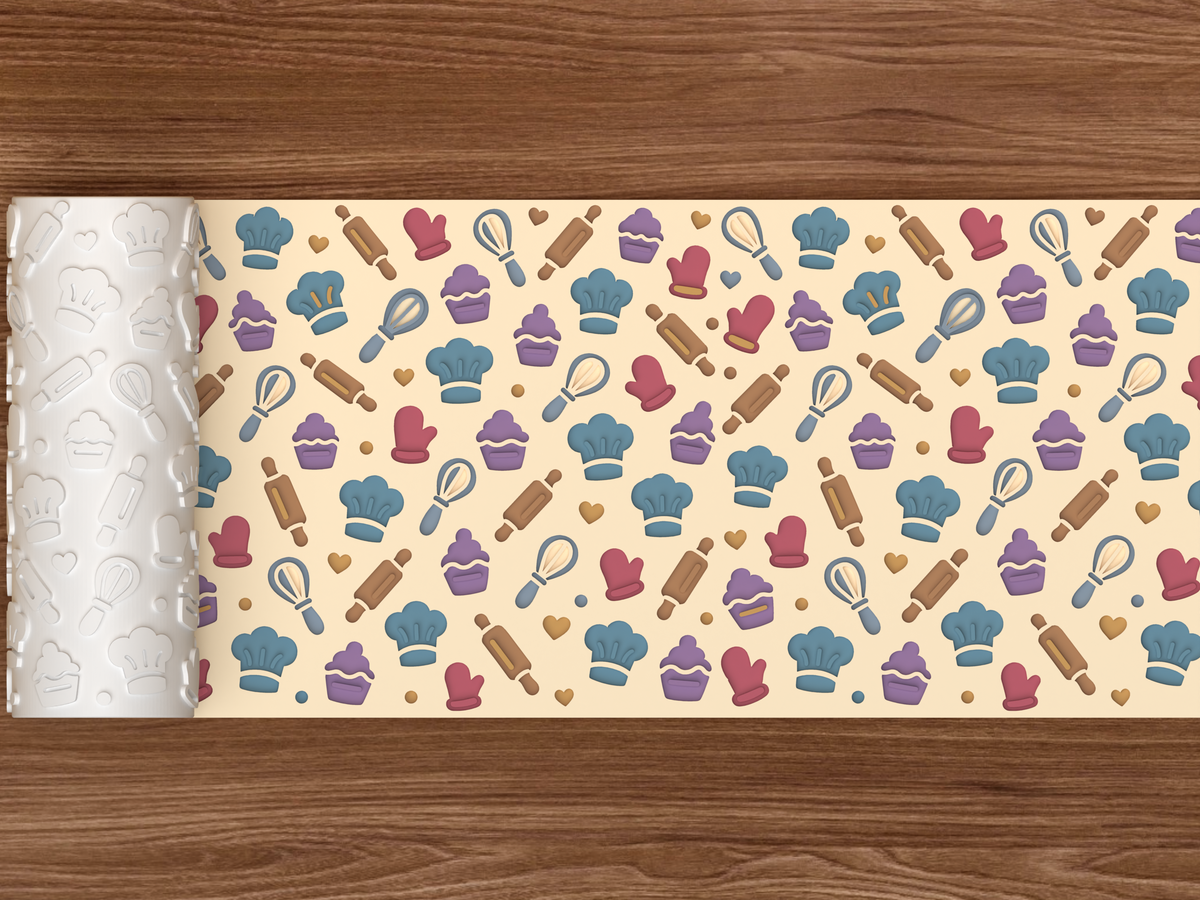 Baking Kitchen Chef Textured Roller STL File - 02 wide shot deboss colored