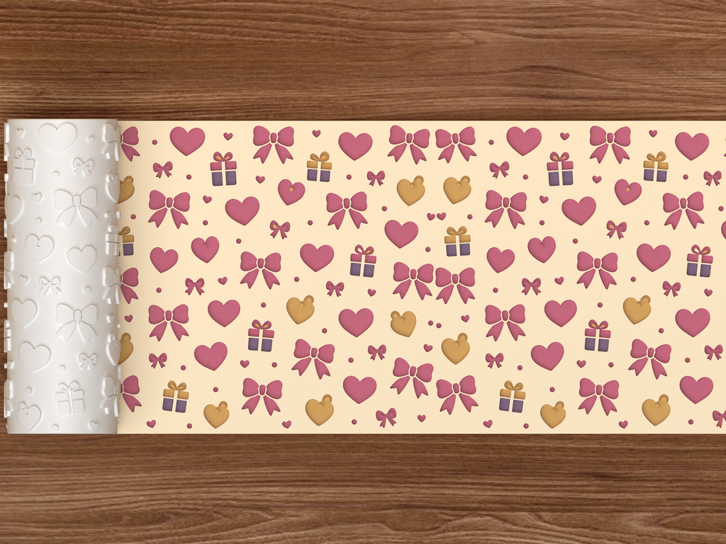 Valentine Hearts Bows Gifts Textured Roller STL File - 02 wide shot deboss colored