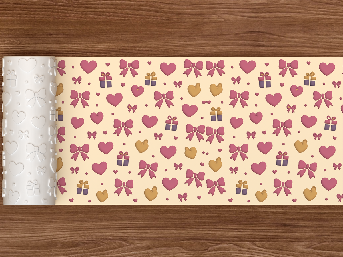 Valentine Hearts Bows Gifts Textured Roller STL File - 02 wide shot deboss colored