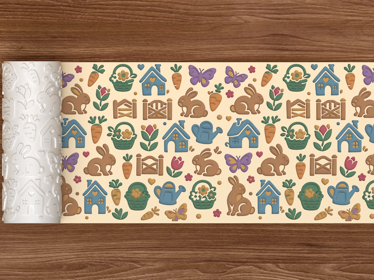 Bunny Cottage Garden Textured Roller STL File - 02 wide shot deboss colored