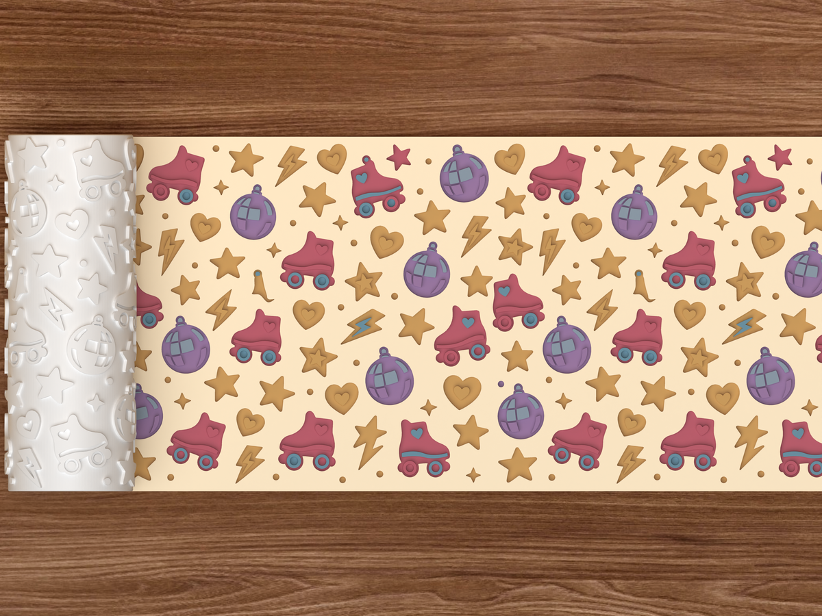 Retro Roller Disco Textured Roller STL File - 02 wide shot deboss colored