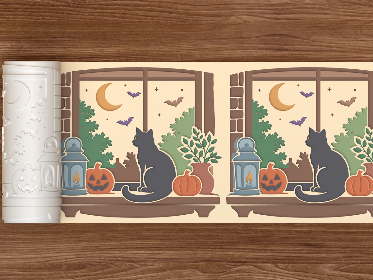 Moonlit Black Cat Window Ledge Textured Roller STL File - 02 wide shot deboss colored