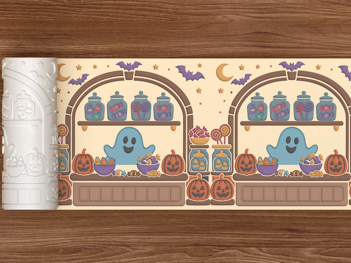 Haunted Candy Shop Window Halloween Textured Roller STL File - 02 wide shot deboss colored