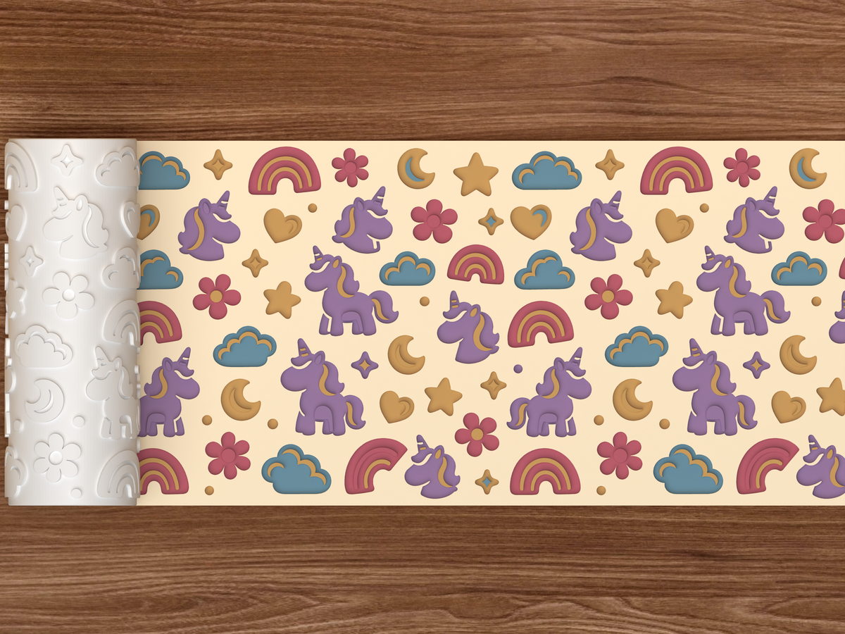 Unicorn Meadow Textured Roller STL File - 02 wide shot deboss colored