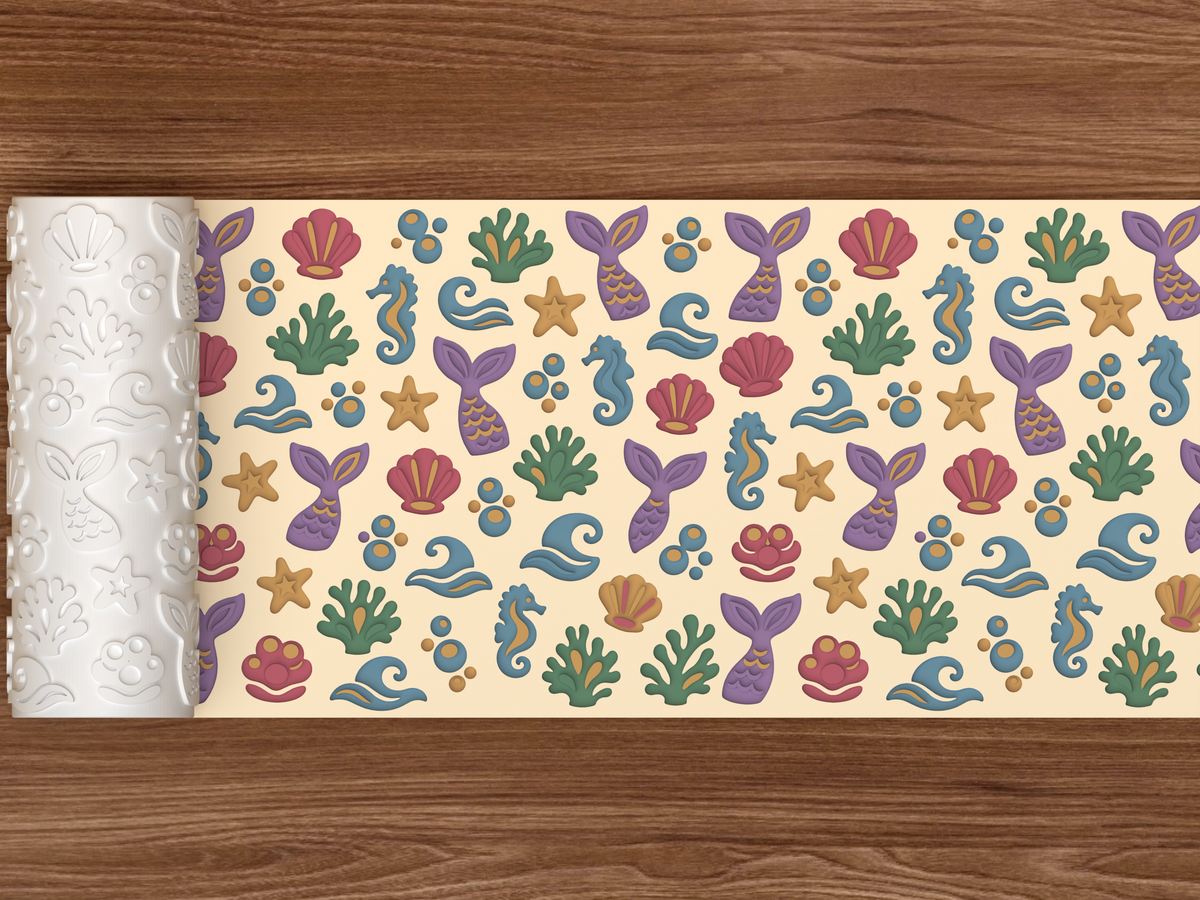 Mermaid Lagoon Textured Roller STL File - 02 wide shot deboss colored