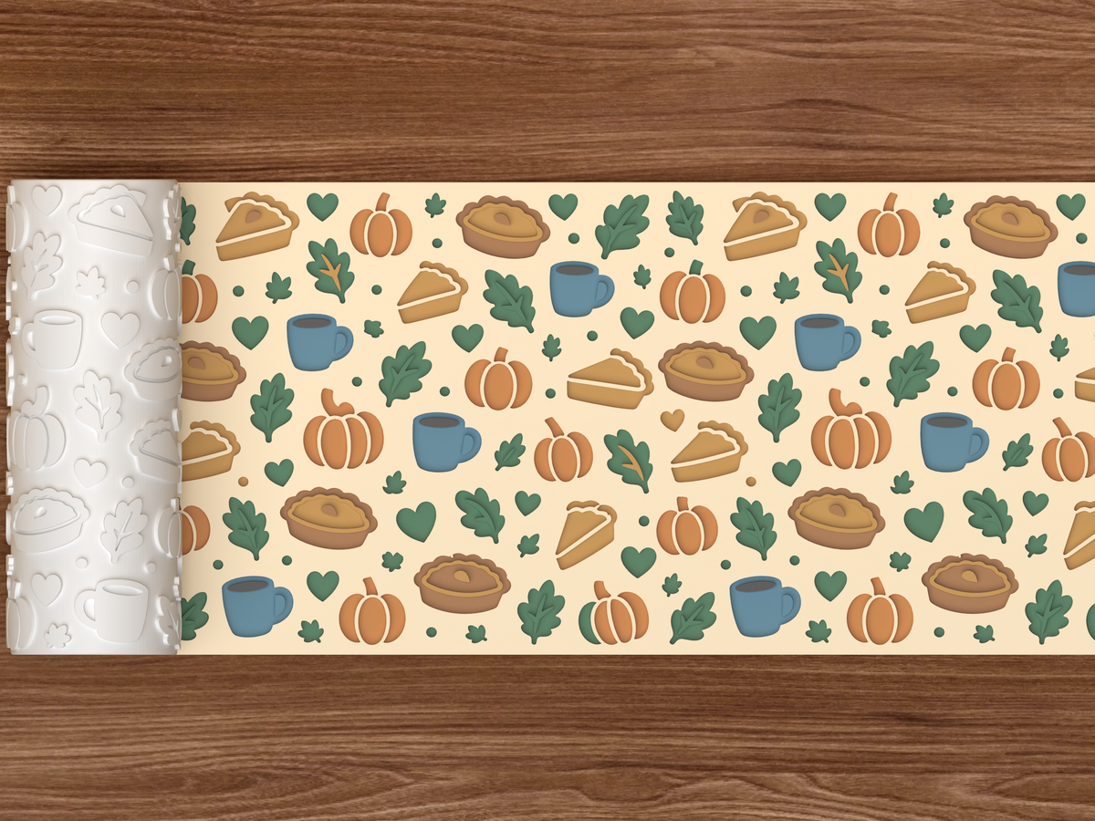 Autumn Pie and Pumpkin Textured Roller STL File - 02 wide shot deboss colored