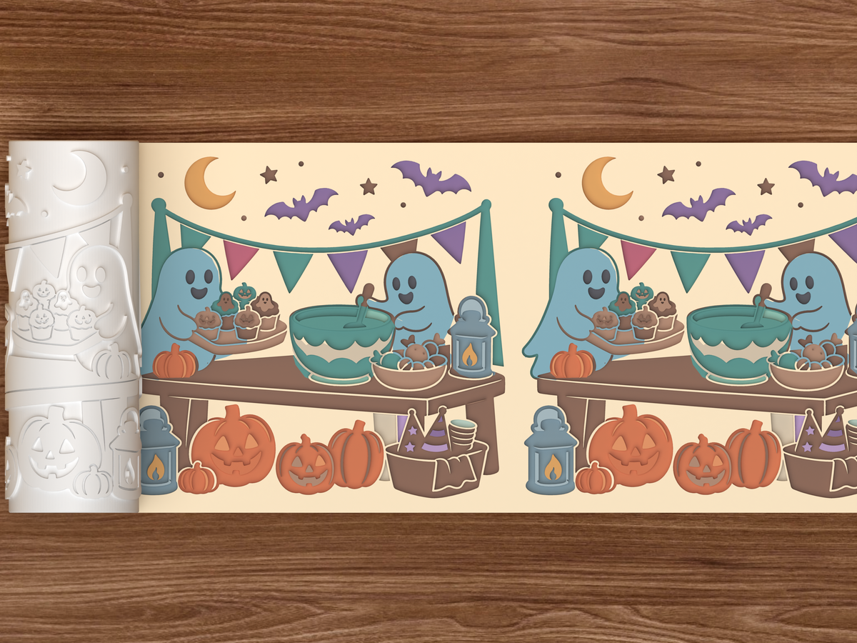 Spooky Party Prep Table Textured Roller STL File - 02 wide shot deboss colored