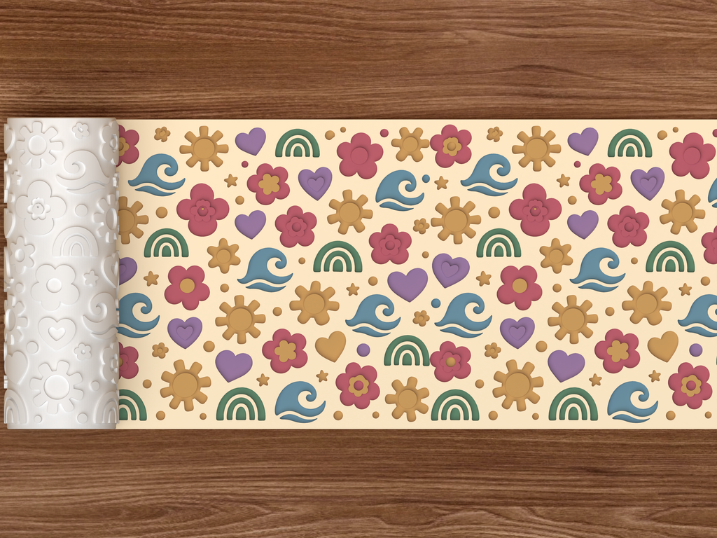 Boho Sunshine Rainbow Textured Roller STL File - 02 wide shot deboss colored
