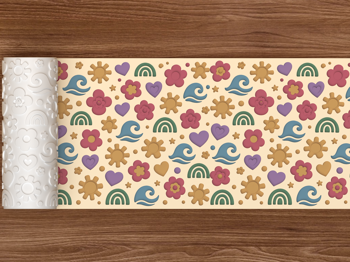 Boho Sunshine Rainbow Textured Roller STL File - 02 wide shot deboss colored