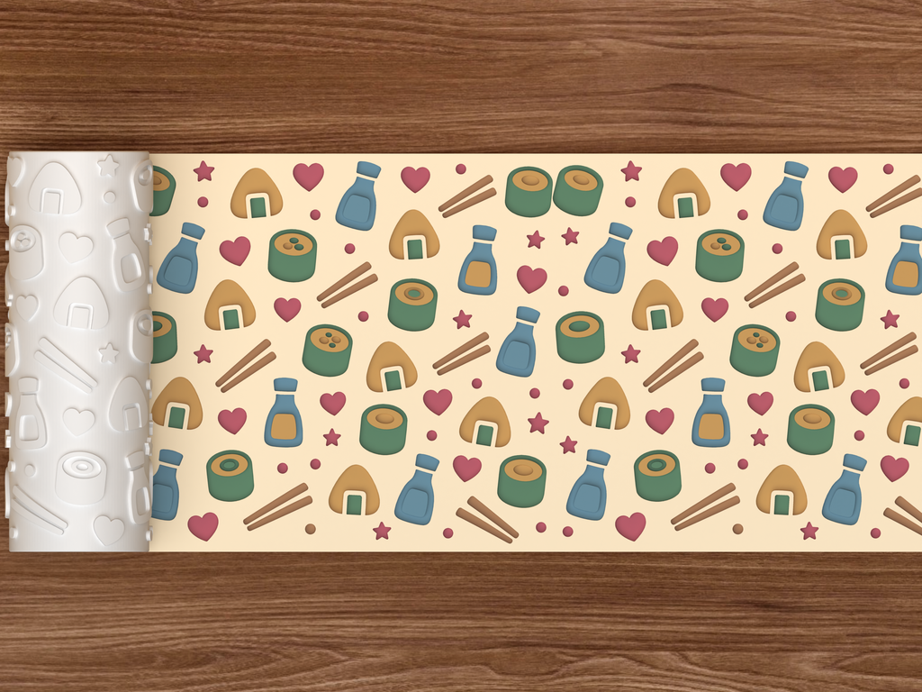 Kawaii Sushi Textured Roller STL File - 02 wide shot deboss colored