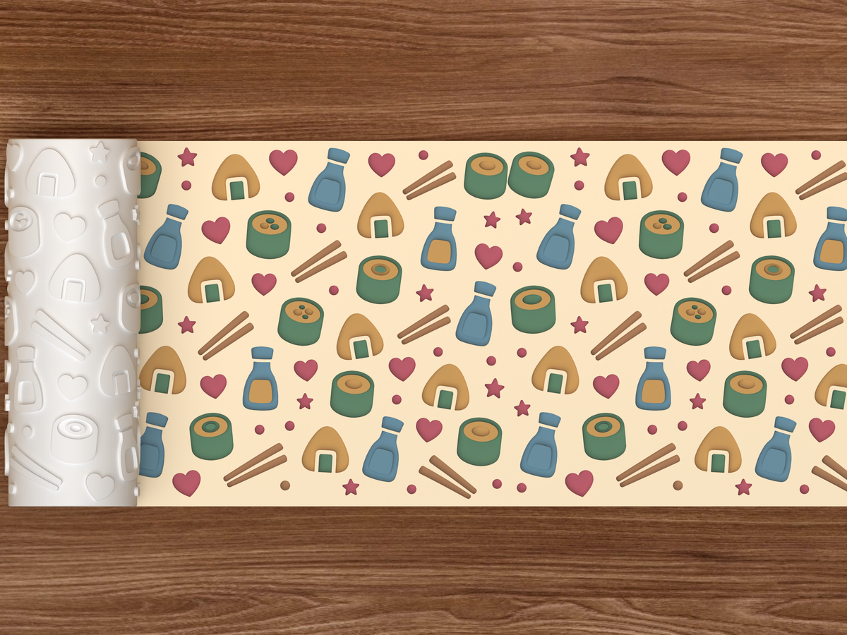 Kawaii Sushi Textured Roller STL File - 02 wide shot deboss colored