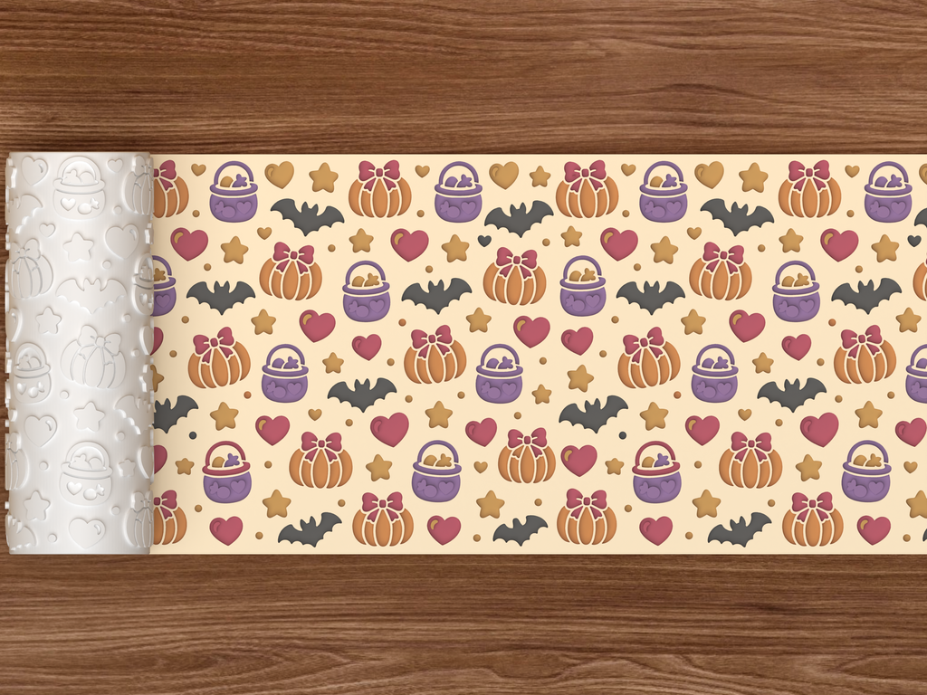 Pastelween Bow Pumpkin Textured Roller STL File - 02 wide shot deboss colored