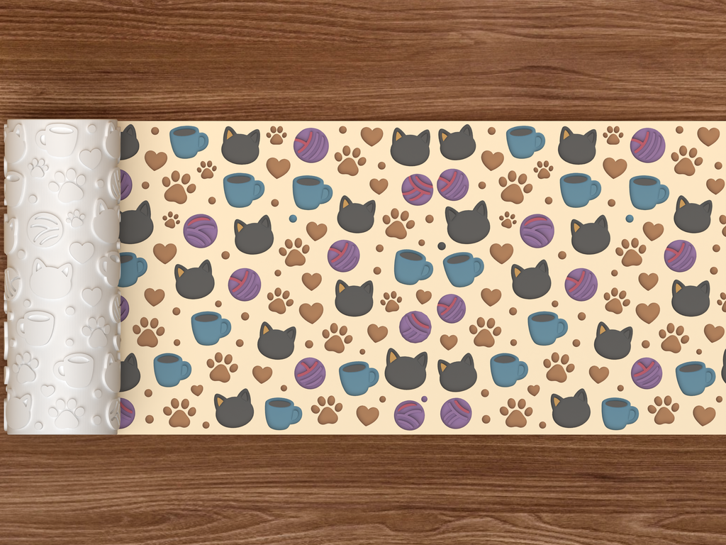 Cat Cafe Textured Roller STL File - 02 wide shot deboss colored