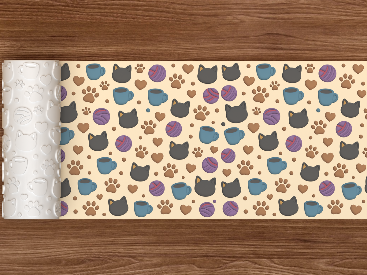 Cat Cafe Textured Roller STL File - 02 wide shot deboss colored