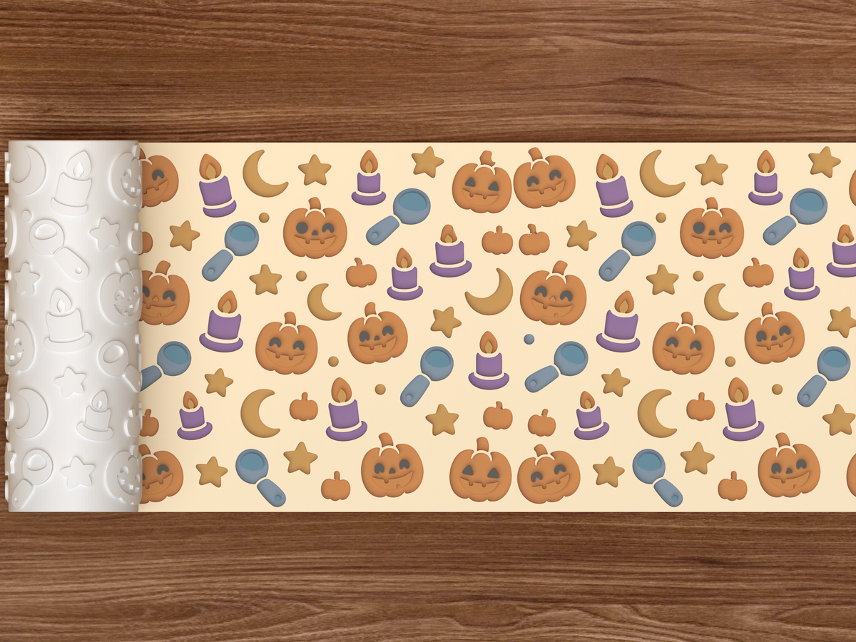 Pumpkin Carving Night Textured Roller STL File - 02 wide shot deboss colored