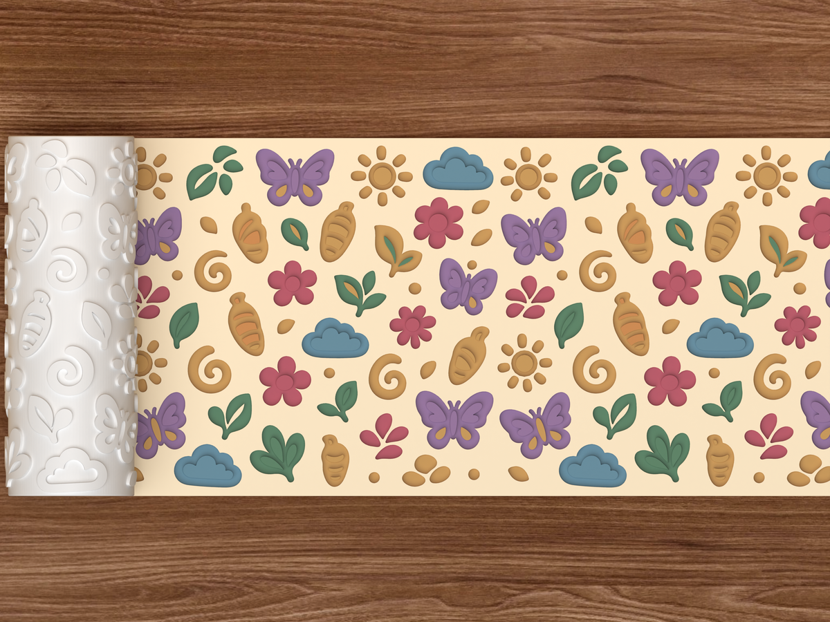 Butterfly Meadow Textured Roller STL File - 02 wide shot deboss colored