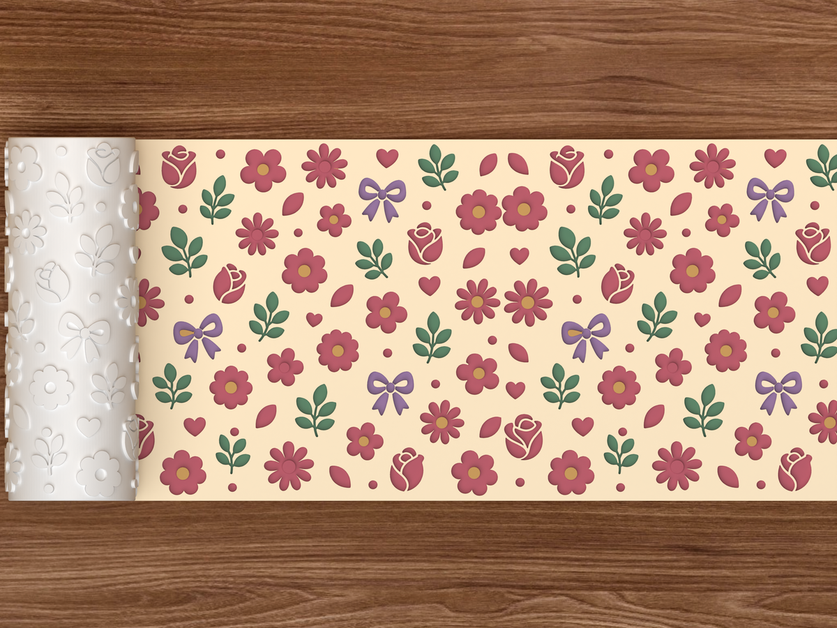 Whimsical Floral Garden Textured Roller STL File - 02 wide shot deboss colored