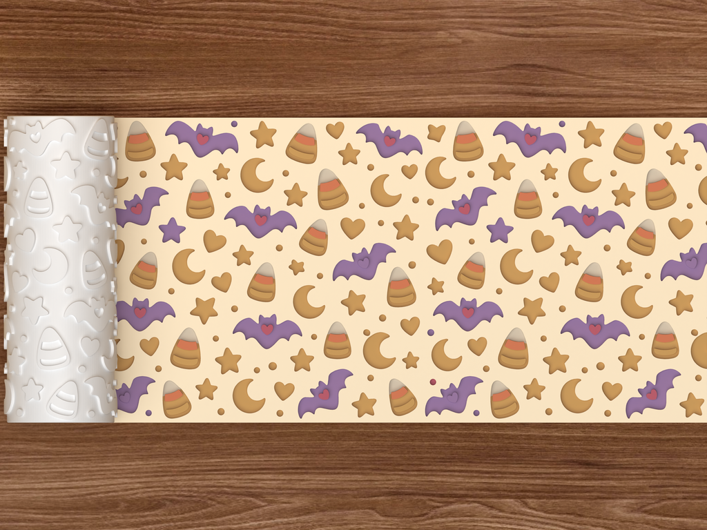 Candy Corn Bat Confetti Textured Roller STL File - 02 wide shot deboss colored