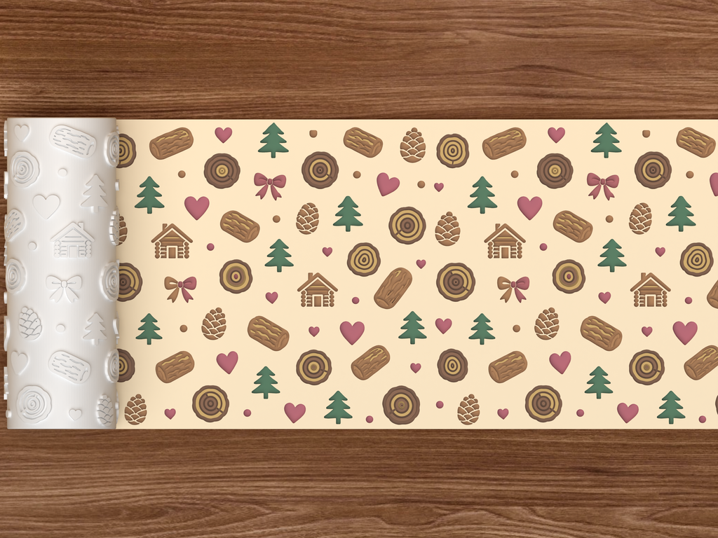 Rustic Woodland Cabin Textured Roller STL File - 02 wide shot deboss colored
