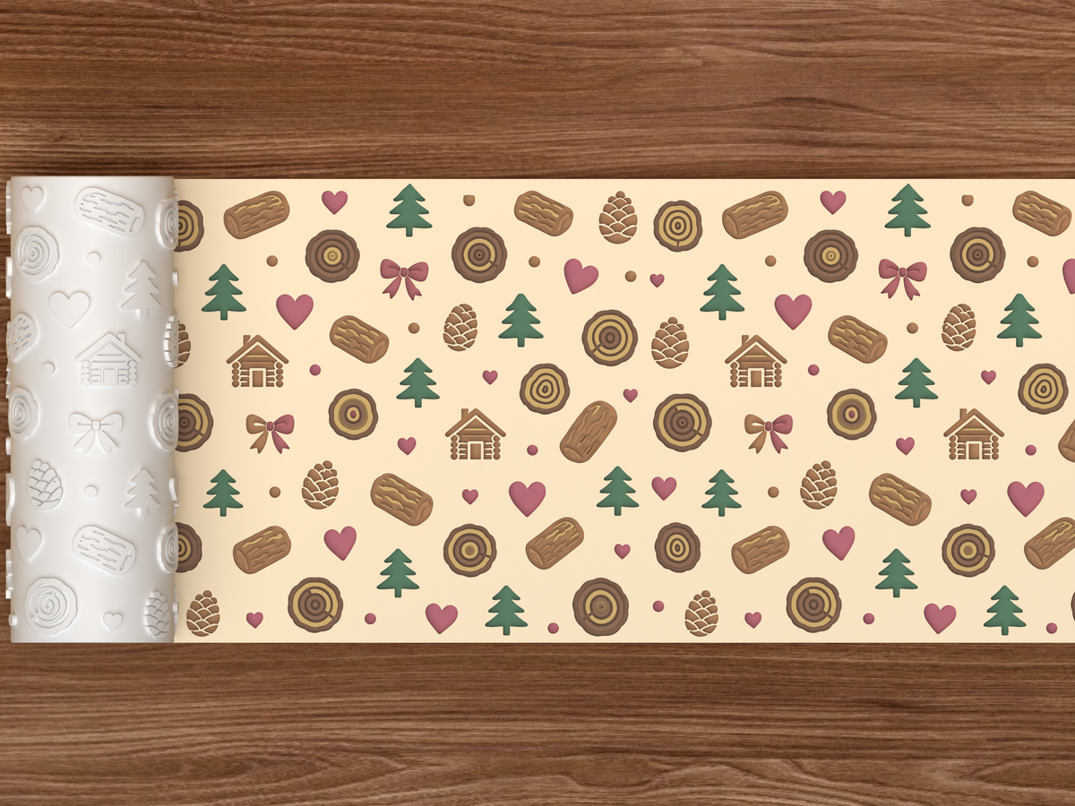 Rustic Woodland Cabin Textured Roller STL File - 02 wide shot deboss colored