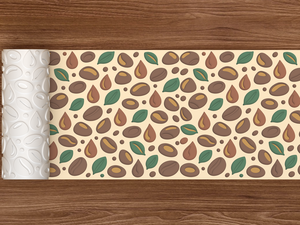 Coffee Bean Botanical Textured Roller STL File - 02 wide shot deboss colored