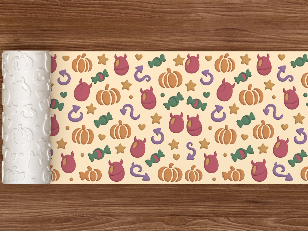 Devilish Egg Halloween Textured Roller STL File - 02 wide shot deboss colored