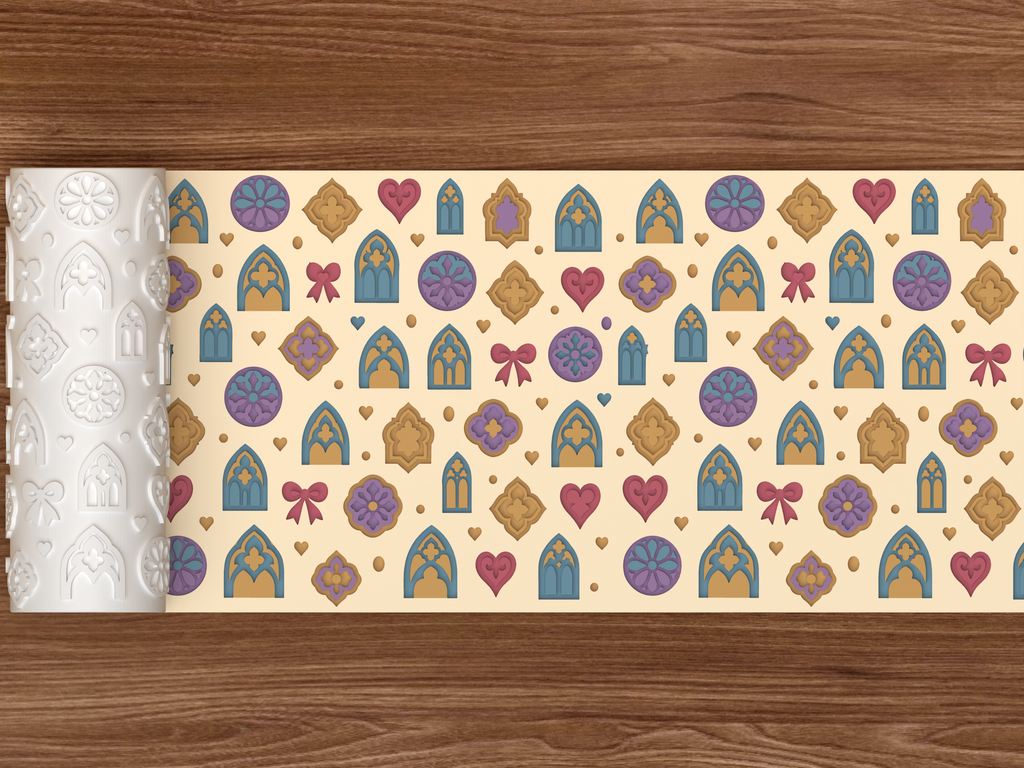Gothic Cathedral Romance Textured Roller STL File - 02 wide shot deboss colored