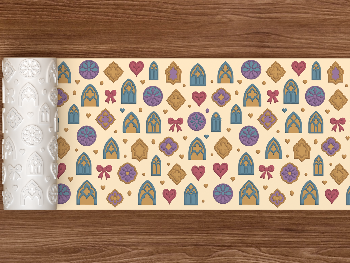 Gothic Cathedral Romance Textured Roller STL File - 02 wide shot deboss colored
