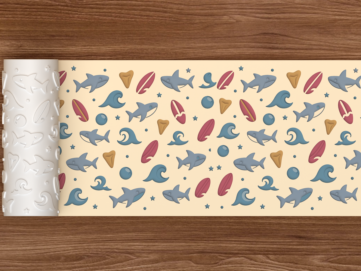 Shark Surf Ocean Textured Roller STL File - 02 wide shot deboss colored