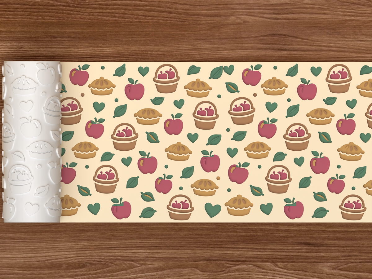 Apple Pie Orchard Textured Roller STL File - 02 wide shot deboss colored