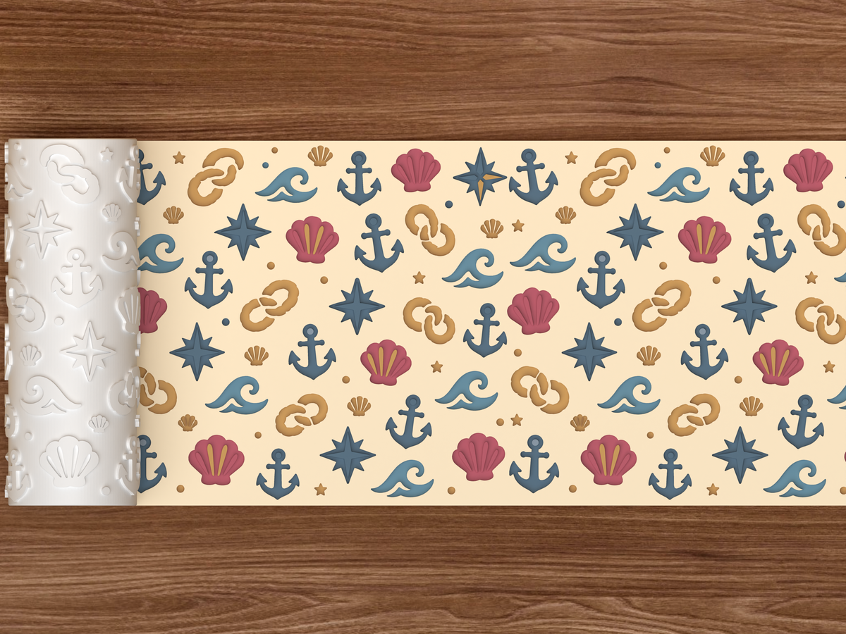 Nautical Ocean Textured Roller STL File - 02 wide shot deboss colored