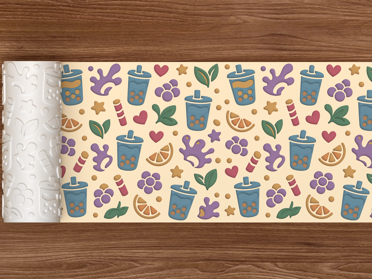 Boba Tea Cafe Textured Roller STL File - 02 wide shot deboss colored