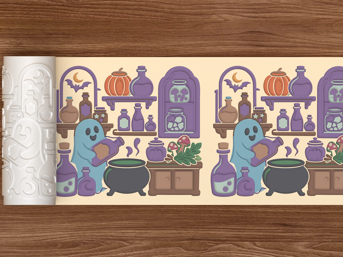 Potion Pantry Wall Textured Roller STL File - 02 wide shot deboss colored