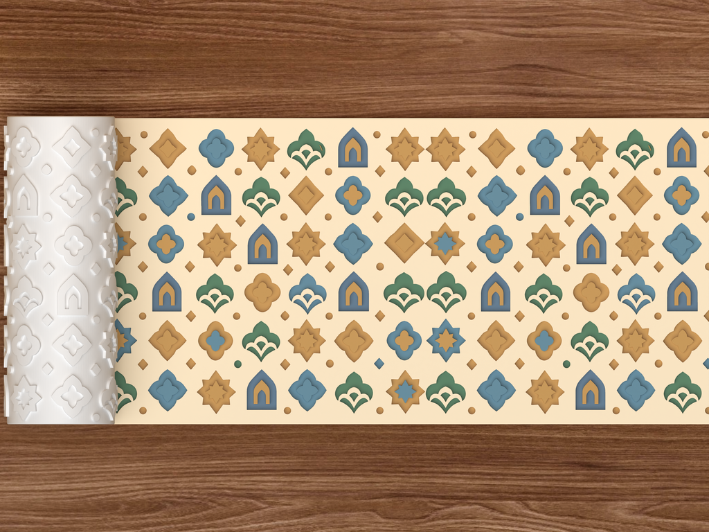 Moroccan Islamic Geometry Textured Roller STL File - 02 wide shot deboss colored