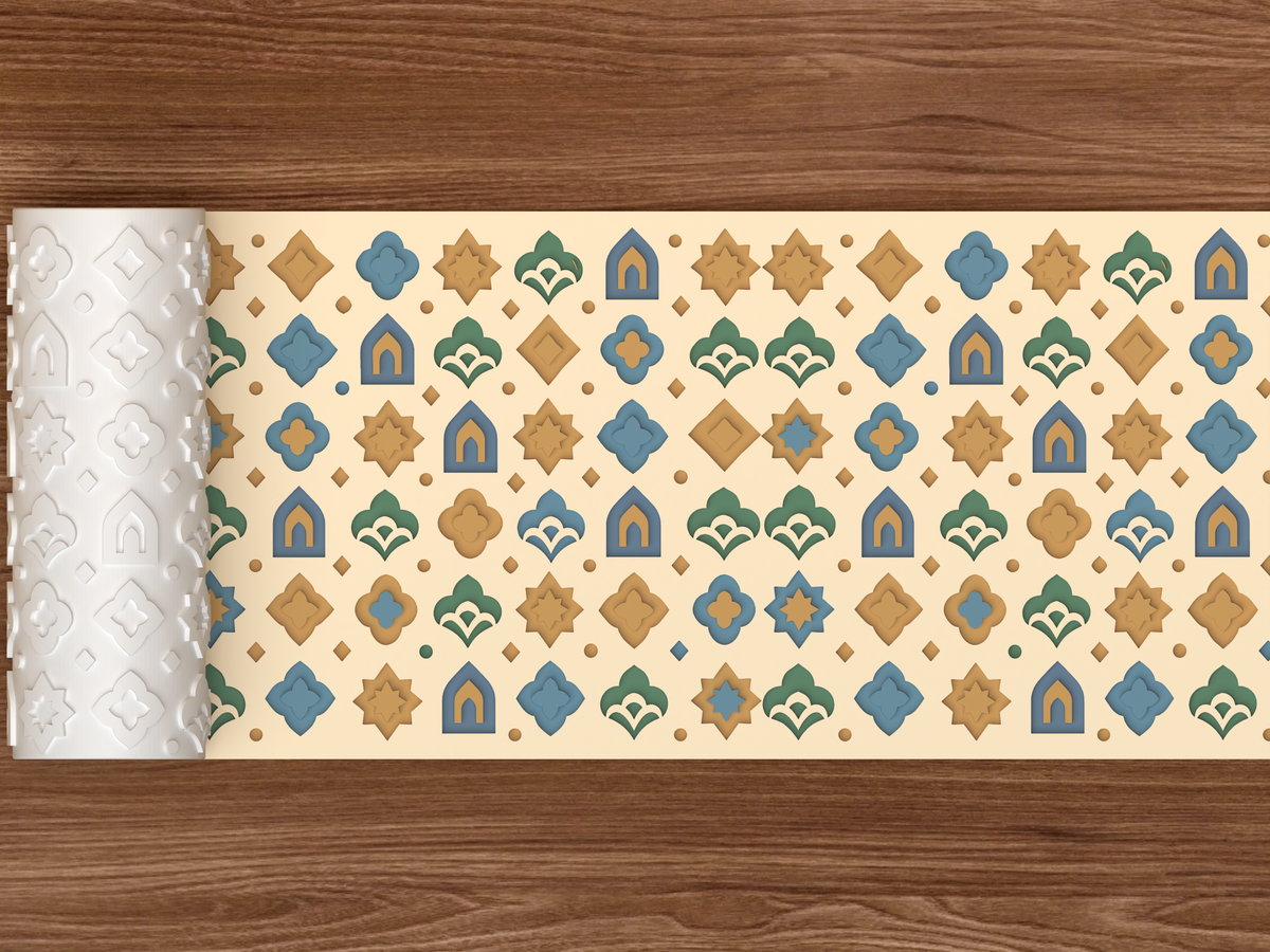 Moroccan Islamic Geometry Textured Roller STL File - 02 wide shot deboss colored