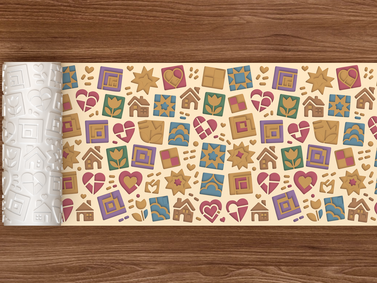 Quilted Cottage Patchwork Textured Roller STL File - 02 wide shot deboss colored