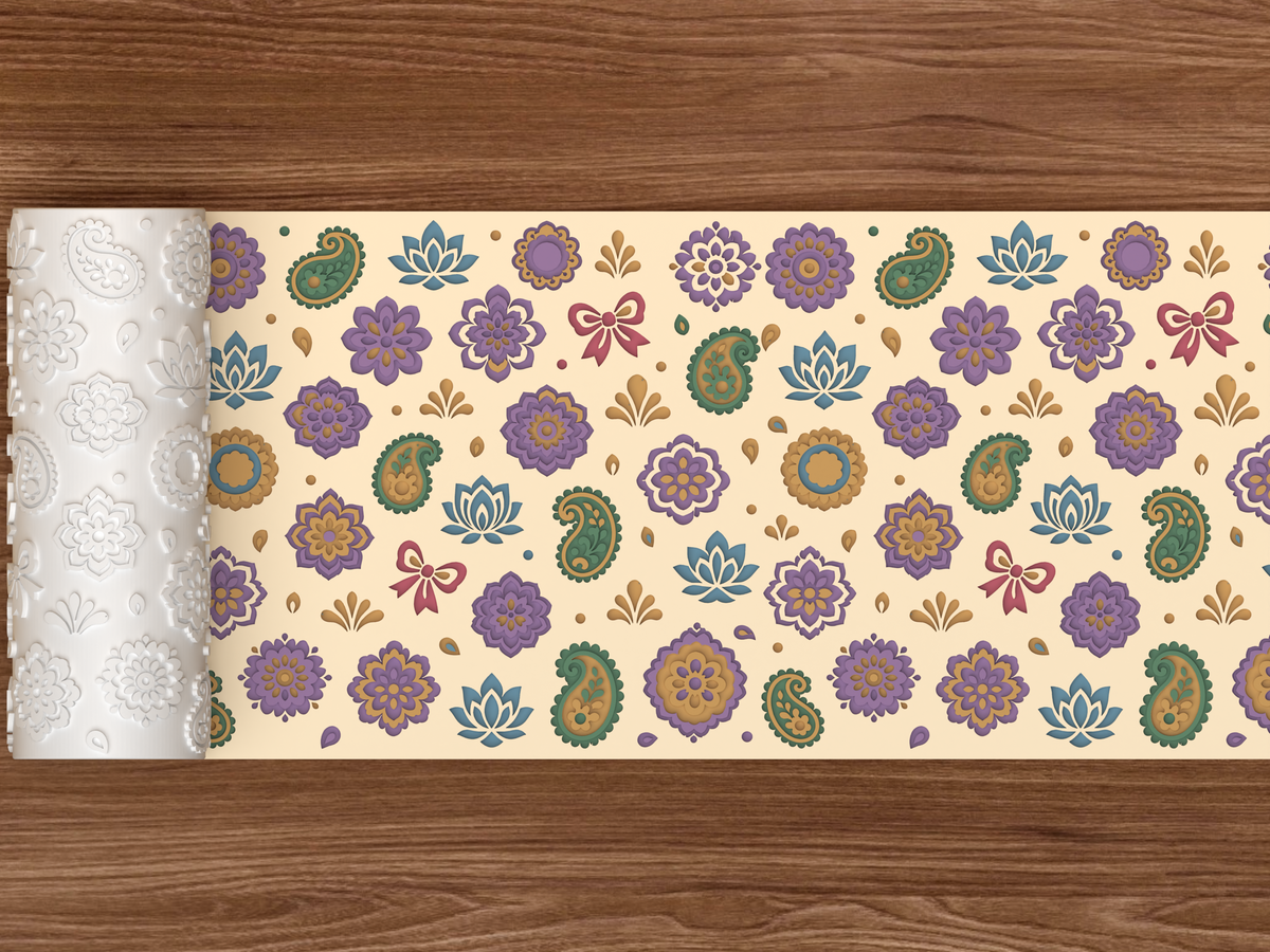 Boho Paisley Floral Textured Roller STL File - 02 wide shot deboss colored
