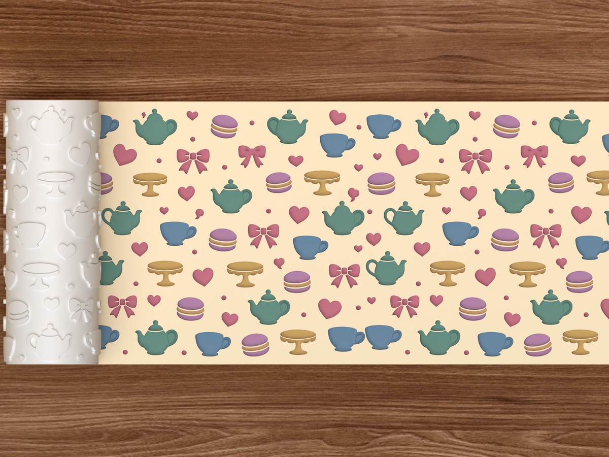 Tea Party Textured Roller STL File - 02 wide shot deboss colored
