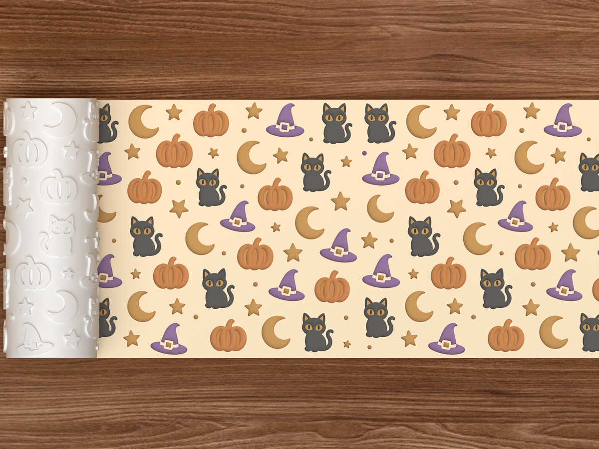 Halloween Witch Cat Textured Roller STL File - 02 wide shot deboss colored