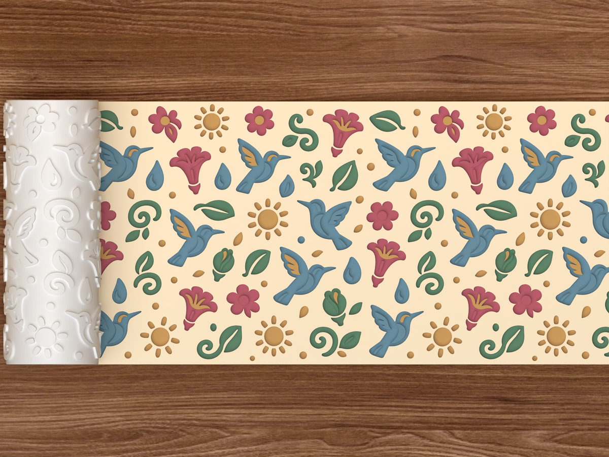 Hummingbird Floral Textured Roller STL File - 02 wide shot deboss colored
