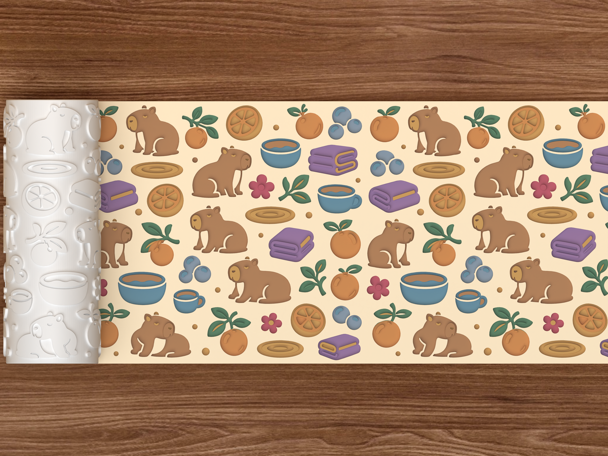 Capybara Citrus Bath Textured Roller STL File - 02 wide shot deboss colored