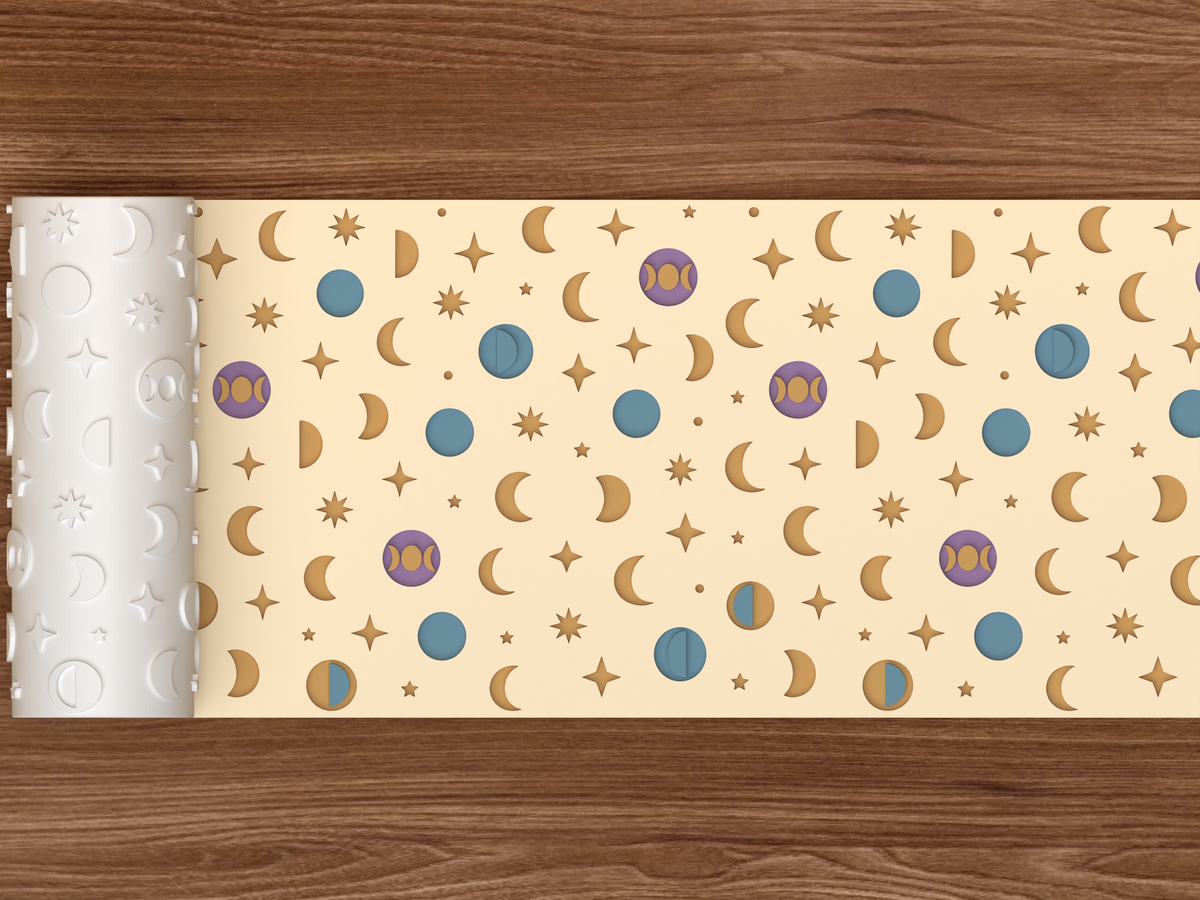 Celestial Moon Phases Textured Roller STL File - 02 wide shot deboss colored