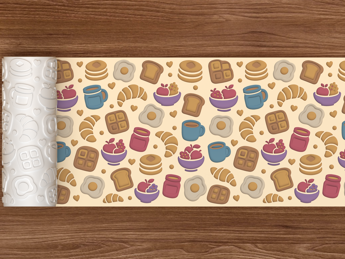 Breakfast Brunch Textured Roller STL File - 02 wide shot deboss colored