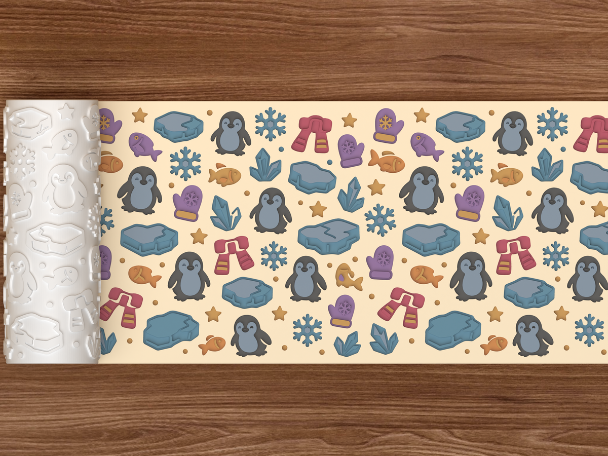 Penguin Winter Textured Roller STL File - 02 wide shot deboss colored